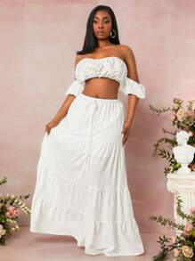 SHEIN SXY Plus Size Women's 2025 Spring/Summer 2pcs-SET White Off Shoulder Crop Top With 3D Rose Decor + Matching Ruched Skirt, Suitable For Beach Vacation, Date Night, Birthday, Bachelorette Party Outfit, Cute, Casual, Shopping, Streetwear, Going Out, Easy To Match & Looks Slim, Accent Your Body, Flatter The Figure - White - View 4
