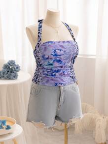 Soleia Plus Size Women's Vacation Leopard Floral Print Halter Neck Blouse, Spring/Summer