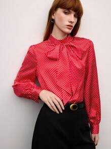 BizChic 2025 Summer New Red Polka Dot Stand Collar Oversized Bow Lady's Top, Summer For Business Casual, Daily Commute, Elegant, Holiday, Wedding Guest, Country Music Festival, Brunch, Airport Lounge, 257S Old Money Stockholm Style, 4th Of July