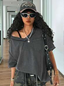 SHEIN Tween Girls Casual Black Oversized Drop Shoulder Loose T-Shirt, Summer/Spring - Black - View 4