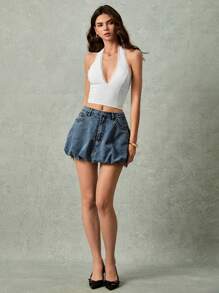 Poéselle Women's Solid Color Contrast Lace Cropped Slim Fit Halter Neck Camisole - White - View 4