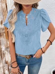 EMERY ROSE Women's Elegant Casual Collar Flower Patchwork Petal Sleeve Shirt