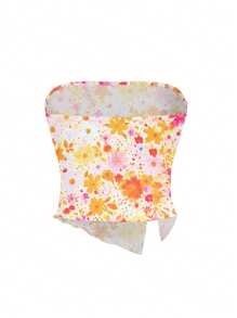 cha5rlie Women Girlcore Casual Orange & Pink Floral Print Cropped Tight-Fitting Strapless Bandeau Top, For Summer, Holiday, Vacation, Going Out, Festival - Coral Orange - View 2