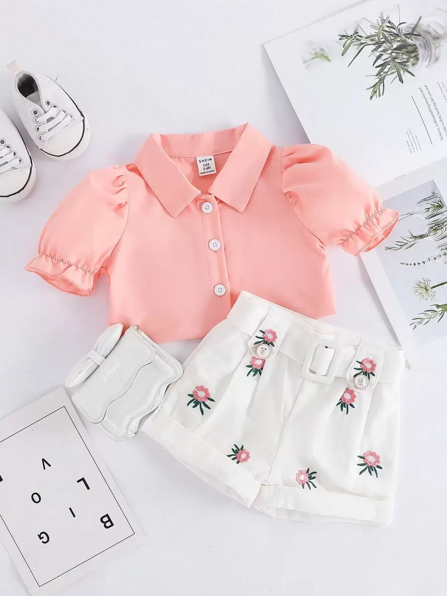 SHEIN Baby Girl Elegant Sweet Shirt And Floral Embroidery Shorts Set, Summer - Pink - View 1