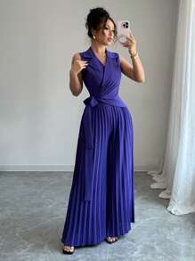 Gloray 2pcs/Set Suit Collar Sleeveless Tie V-Neck Top With High Waist Pleated Pants