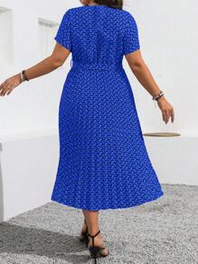 Vionelle 大码圆领短袖全印花休闲前系带连衣裙长款女装 - 寶藍色 - 查看 2