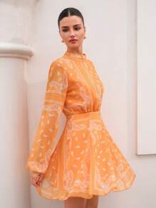 Aveloria Rosie Floral Print Chiffon Short Sleeve Mini Dress, Suitable For Valentines Day, Spring And Summer All Over Print For Spring Fall - Yellow - View 4