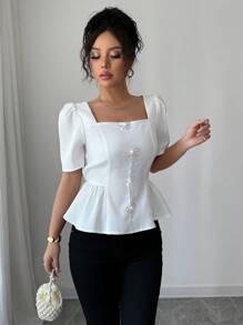 Chiquease Women Bowknot Embellished Square Collar Puff Sleeve Ruffle Hem Elegant Blouse - White - View 6