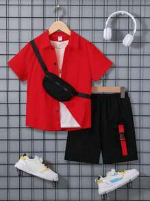 SHEIN 青少年男孩 3 件套：休闲舒适衬衫 + 短裤 + 背心 - 紅色 - 查看 2