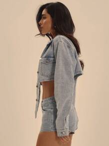 MUSERA Extreme Cropped Textured Denim Jacket,Light Blue,Autumn,Streetwear,Concert Spring Summer Y2k Ibiza Western Nashville Chic Night Out - Blue - View 3