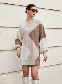 SHEIN Cottnline كنزة صوفية بأكمام طويلة ذات رقبة دائرية بنمط هندسي متعدد الألوان - متعدد الألوان - مشاهدة 3