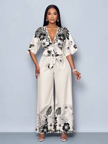 SOLERSUN 女士花卉印花蝴蝶袖短款上衣和阔腿裤两件套，春夏度假风格