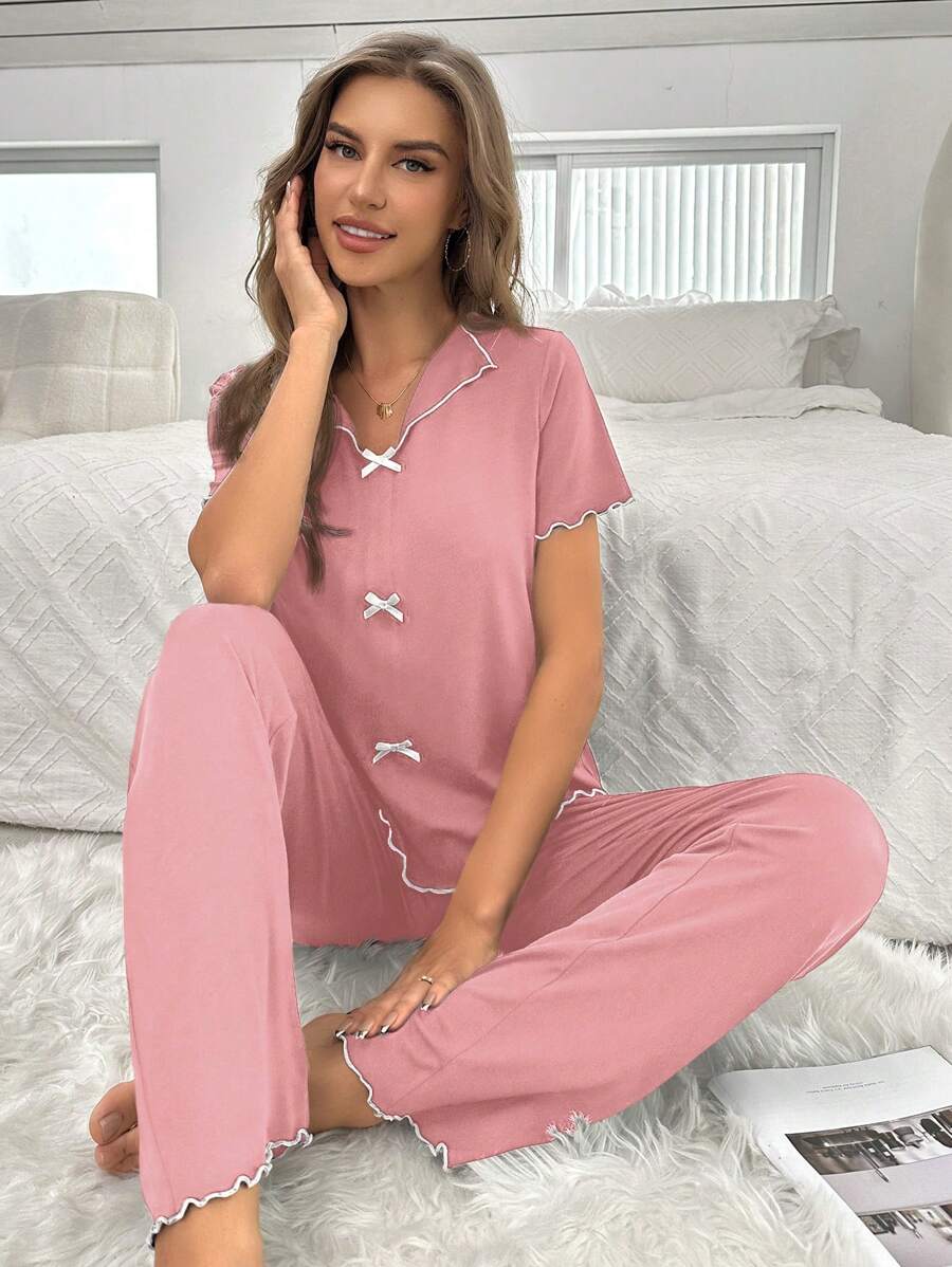 Bow Decor Contrast Color Women Sleepwear Set Bowknot - Pink - View 1