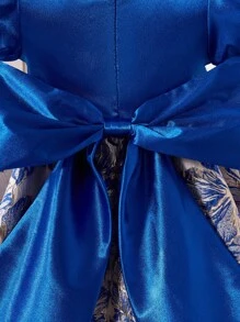 Young Girl Elegant Party Jacquard Splice Puff Sleeve Bow Decor Formal Dress