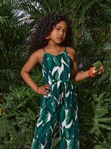 SHEIN VCAY Tropical Print Wide Leg Cami One Piece Spring Jumpsuit Without Belt Mommy And Me Matching Outfits(2pieces Are Sold Separately) - Green - View 5