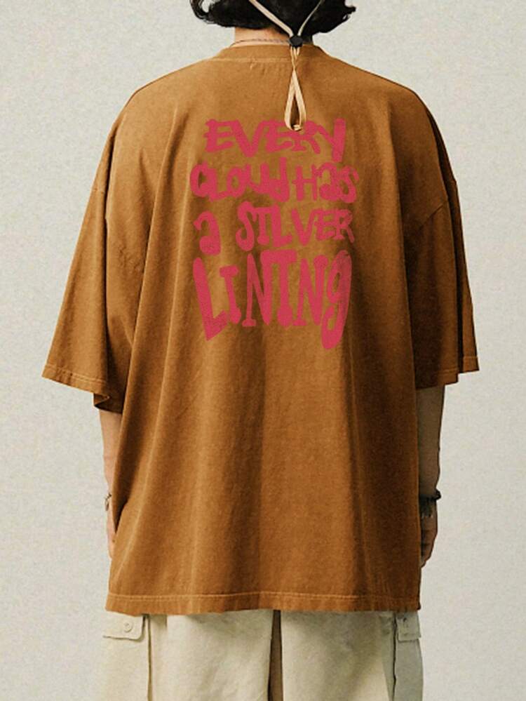 Men's Camel Colored T-Shirt With American Independence Day Pattern & Letter Print, Summer,Graphic Tees