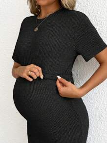SHEIN 2 件套孕妇纯色圆领短袖上衣和开衩下摆裙子 - 黑色 - 查看 7