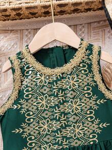 年轻女孩花饰花卉印花圆领无袖阔腿连体裤 - 墨綠色 - 查看 4