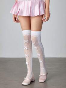 ROMWE Kawaii 1 双可爱蝴蝶结过膝袜，洛丽塔波尔卡圆点，星星，超薄，弹性，纯色丝袜，学院风丝带波尔卡圆点过膝袜 - 白色 - 查看 1