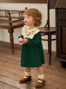 Vintaside Kids Baby Girl/Boy Spring Summer New Flower Embroidery Round Neck Long Sleeve Dress, Pastoral Style Fresh Pattern, Comfortable Fit, Suitable For Outdoor Play, Home Leisure, Christmas Holidays, Daily Casual Wear, Festivals And Parties