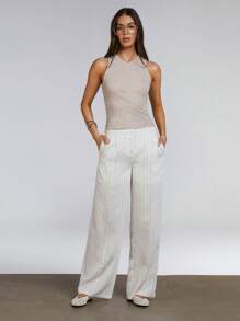 Athîral 女士条纹口袋阔腿宽松休闲百搭长裤 - 米色 - 查看 4