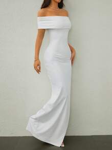 SHEIN Tall Váy dài hở vai xẻ cao cho nữ, váy nhẹ, thanh lịch, mùa cưới, phong cách gợi cảm - trắng - Xem 6