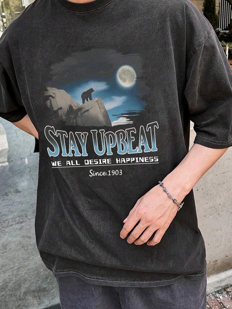 Summer Men's Black Letter & Animal Print T-Shirt,Graphic Tees