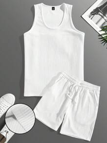 Manfinity Hypemode Men's Casual Solid Color Tank Top And Shorts Set Set Men Two Pieces White Men Outfit - Apricot - View 3