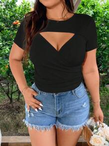 Easura Plus Size Nữ Mùa Hè Màu Trơn Cổ Tròn Tay Ngắn Rỗng Ra Lượn Sóng Slim Fit Áo Thun - màu đen - Xem 5