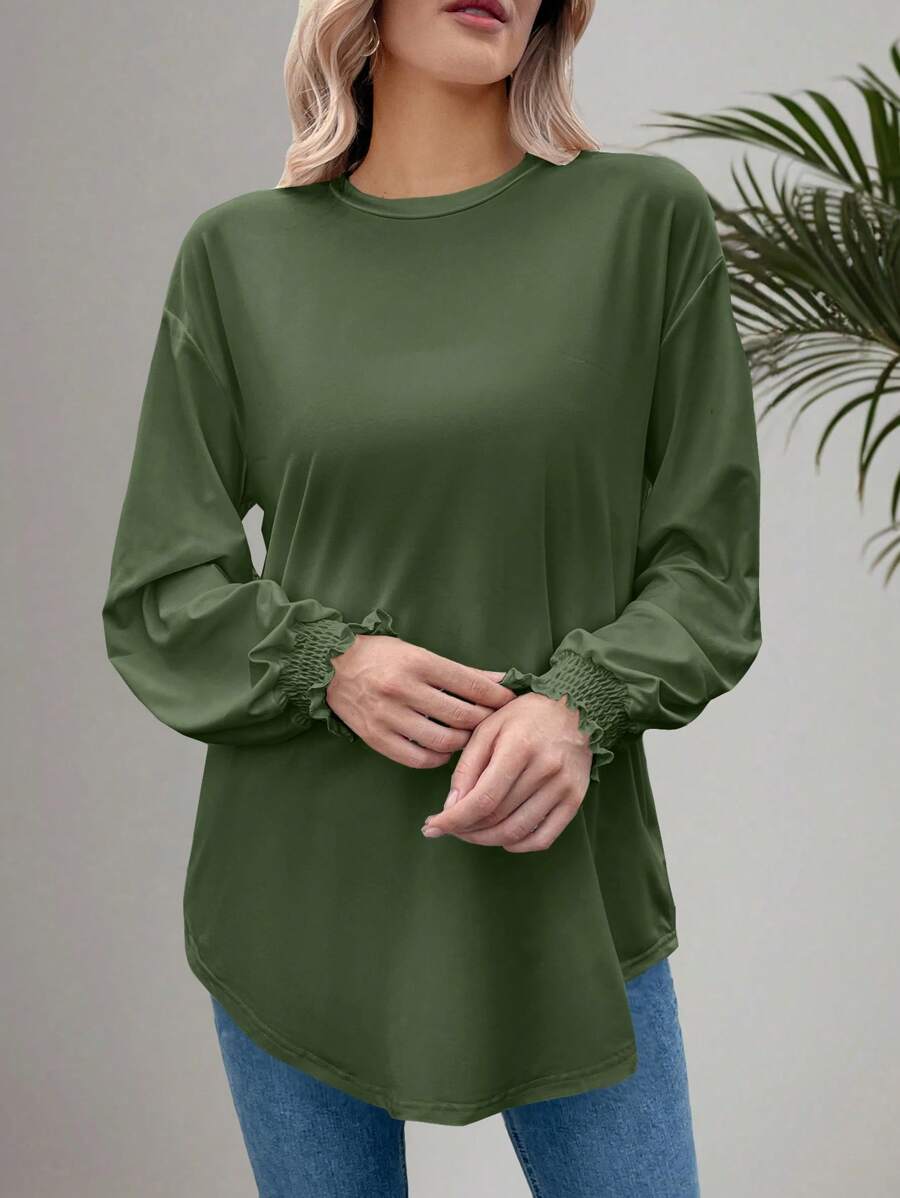 EMERY ROSE Women's Drop Shoulder Round Neck Long Sleeve T-Shirt With Cuff Turnup Fall Cloth For Women - Green - View 1