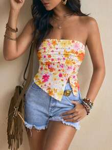 cha5rlie Women Girlcore Casual Orange & Pink Floral Print Cropped Tight-Fitting Strapless Bandeau Top, For Summer, Holiday, Vacation, Going Out, Festival - Coral Orange - View 6