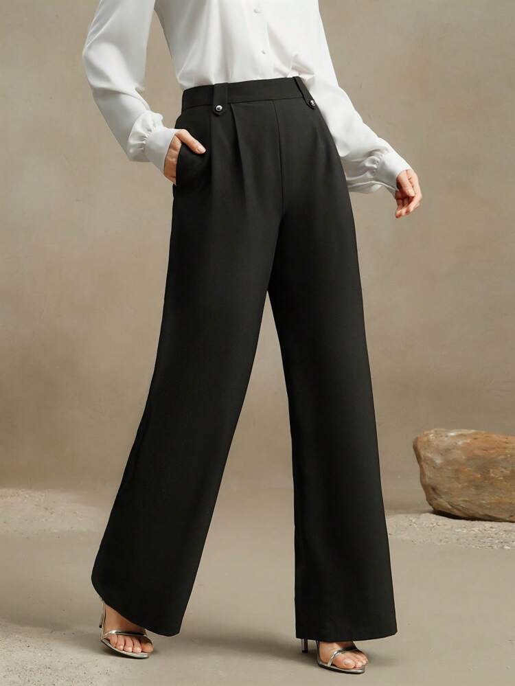 Anewsta Elaire Modern Elegant Silver Button Accent High Waist Casual Office Stretch Black Pants For Women