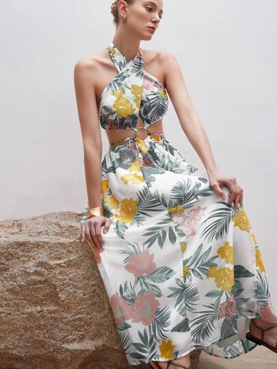 SHEIN Privé Váy suông họa tiết hoa lá nhiệt đới nhiều màu Vacation Mood cắt xẻ hở lưng hở eo gợi cảm giản dị thanh lịch đa năng cho nữ