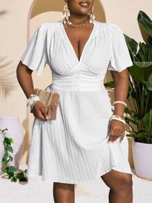 Slaydiva 2025 New Rave/Easter Outfit, Old Money Style, Country Concert Outfit, Going Out Outfit, Fairycore, Festival Outfit, Tropical Vacation Clothes, Summer Outfit For Women, Summer, Rave, European Summer, Spring Outfit, Western Wear Plus Size, Concert, Graduation Outfit, Versatile Daily Casual Simple Sexy/Minimalist Plus Size, White Casual Ruffle Sleeve V-Neck Mini Dress