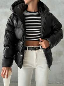 EURMUSE Zip Up Hooded Puffer Coat - Black - View 1