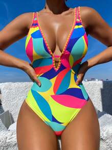 BamGleam Casual Minimalist Multicolor Print One-Piece Swimsuit, For Summer Beach Vacation