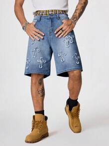 PAVTROS Quần short denim rộng rãi thường ngày có túi vá chéo dành cho nam - Rửa trung bình - Xem 6