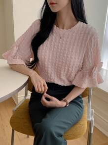 DAZY 新款春季女款泡泡袖蝴蝶结装饰特殊面料T恤，情人节 - 粉色 - 查看 4