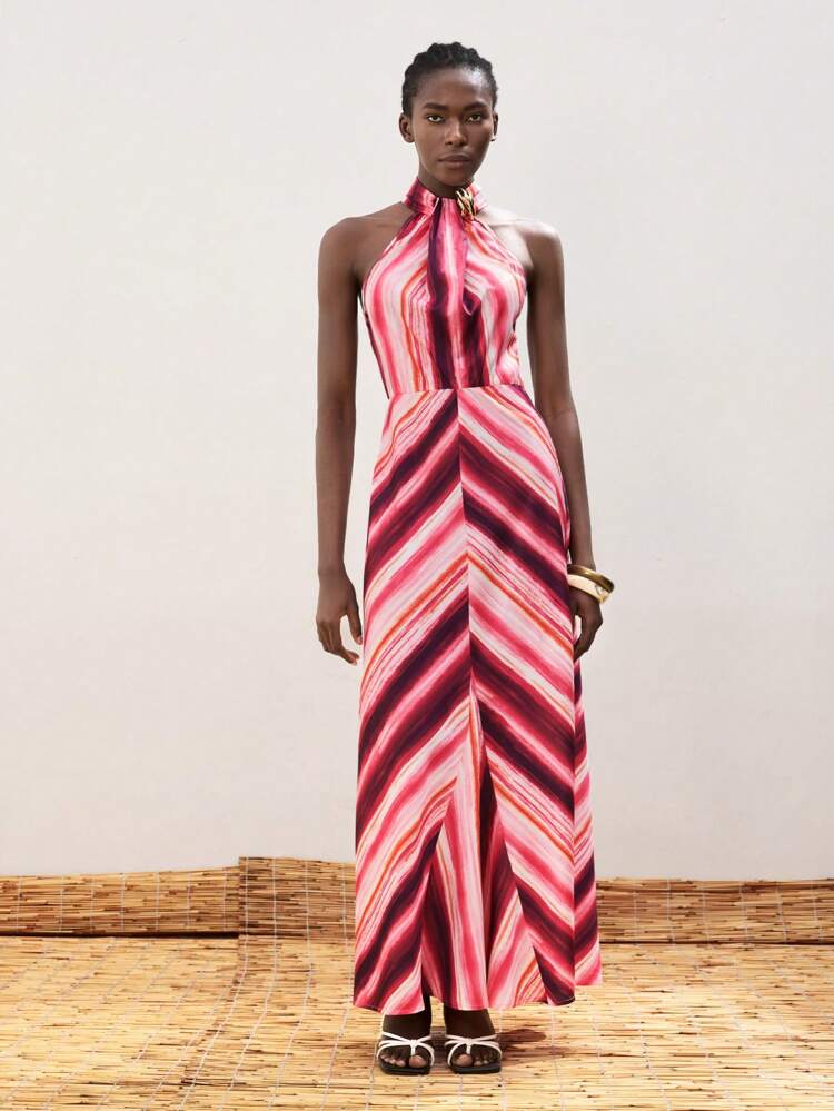 SHEIN Maija Women's Extra Long Sleeveless Dress, Minimalist & Fashionable For Summer Beach, Boho Ibiza Style Resort Wear, Dopamine Vacation Outfit Matching, Vibe Countryside Music Festival Western Style, Multicolor Stripe & Ombre Retro Print,Vacation Outfits
