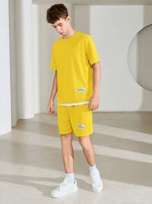 SHEIN 2pcs/Set Teen Boys' Casual Loose Comfortable Graphic Decorated Short Sleeve Top And Shorts Set, Suitable For Spring/Summer - Yellow - View 10