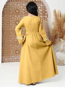Teen Girl Round Neck Long Sleeve Simple Fashion Dress, Suitable For Summer - Yellow - View 2