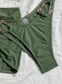 SHEIN Swim 3 Pieces Women Resort Style Spaghetti Strap Swimwear Set With Metal Laced-Up Halter Neck - Army Green - View 8
