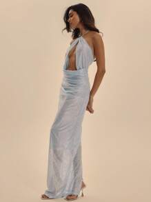 MUSERA Halterneck Cut Out Ruched Waist Floral Satin Fitted Maxi Dress Spring Summer Vacation Elegant Prom Graduation Long Dress - Blue - View 2