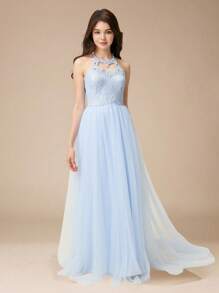 Elegant Lace & Mesh Halter Neck Sleeveless Dress, Bridesmaid Dress For Teenagers & Youths, Suitable For Wedding, Party, Birthday, Performance