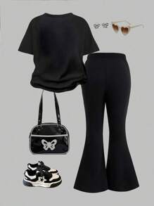 SHEIN Set de 2 piezas para niñas jóvenes con camiseta de manga corta de cuello redondo y decoración de mariposa holgada y pantalones anchos para el verano