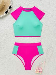 Swim SPRTY 2pcs/Set Women Summer Beach Outfits, Colorblock Round Neck Short Sleeve And Shorts Casual Sport Swimwear