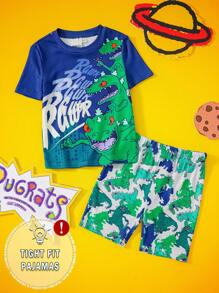 Nick 90s | SHEIN Conjunto de pijama con estampado de dinosaurio en bloques de color para niño, primavera/verano
