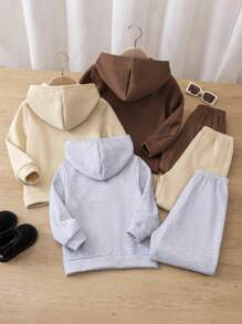 6pcs/Set Young Boys Casual Plain & Letter Printed Long Sleeve Hoodie Sweatshirt And Elastic Waist Pants Outfit Set, Suitable For Outdoor, School, Garden, Beach, Birthday, Baby Shower Party In Autumn/Winter, Fleece, Thickened
