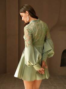 Anewsta Đầm ngắn tay peplum cổ chữ V thanh lịch phối ren chắp vá cho nữ, thích hợp cho lễ hội, kỳ nghỉ, ngày lễ, mùa xuân - màu xanh lá - Xem 2