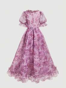 SHEIN MOD 花卉印花荷叶边蝴蝶结娃娃裙泡泡袖欧根纱连衣裙，粉色